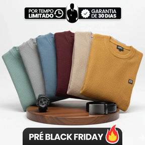 [Leve 6, Pague Só 3] Suéter Masculino Texturizado Sedrax em Malha de Seda Gelo, Viscose e Spandex + BRINDES: Relógio e Cinto