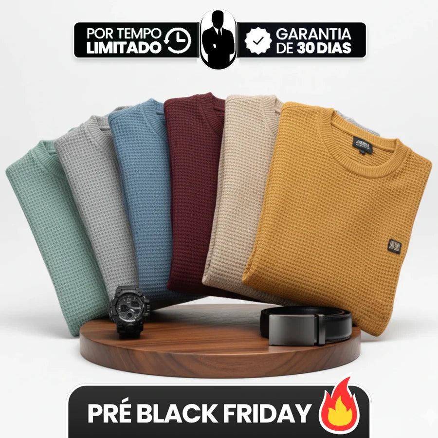 [Leve 6, Pague Só 3] Suéter Masculino Texturizado Sedrax em Malha de Seda Gelo, Viscose e Spandex + BRINDES: Relógio e Cinto