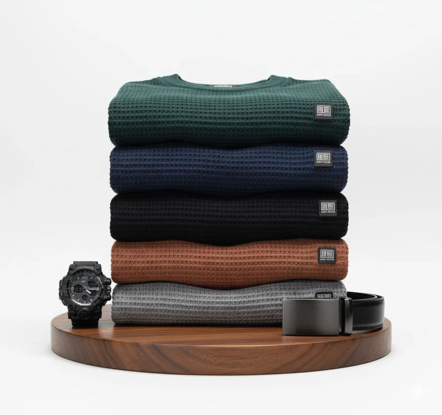 [Leve 6, Pague Só 3] Suéter Masculino Texturizado Sedrax em Malha de Seda Gelo, Viscose e Spandex + BRINDES: Relógio e Cinto